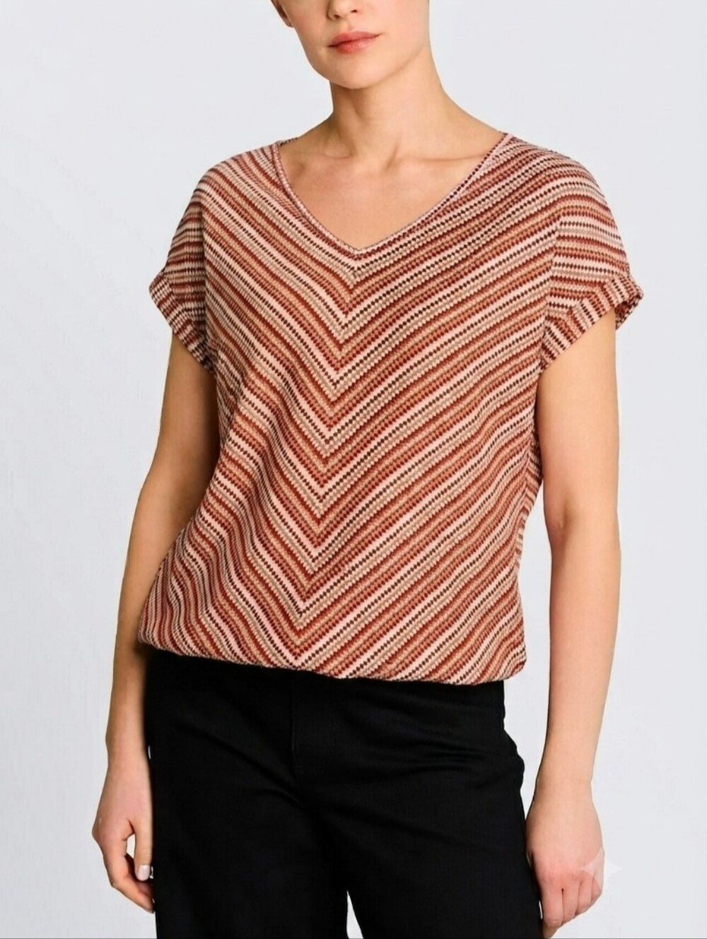 XS/S Organic Cotton Blend Red Rust Striped V-Neck Short Sleeve T-Shirt